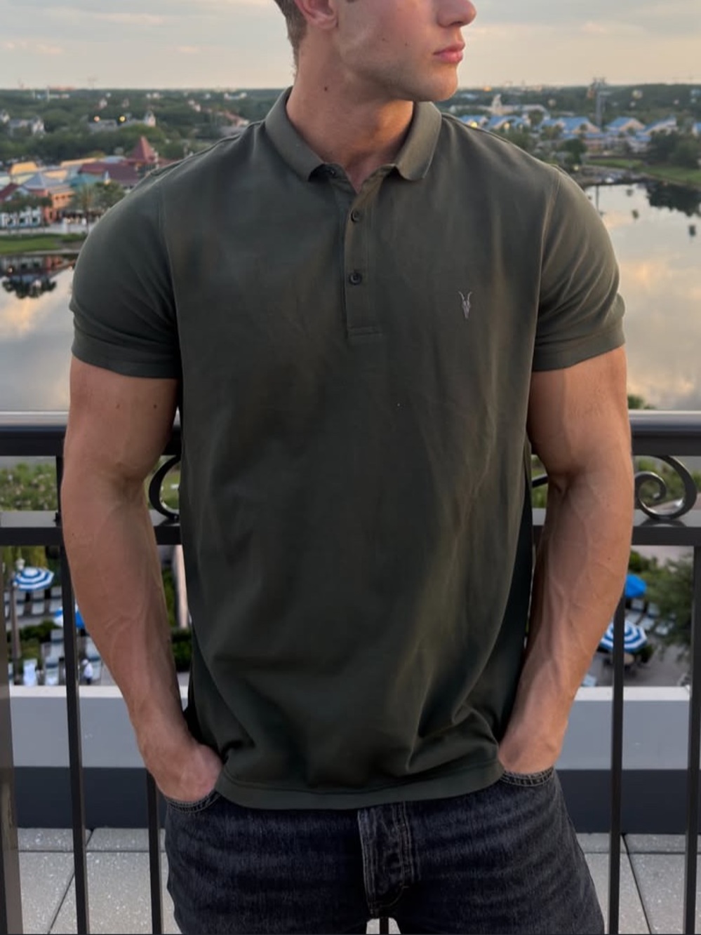ALLSAINTS Men's Olive Green Pique Polo Shirt ALL SAINTS PARTY WEDDING GRADUATION